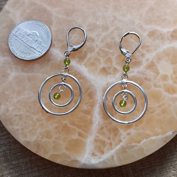 Silver Tone Double Ring  Green Beaded Dangle Earrings - Picture 3 of 5